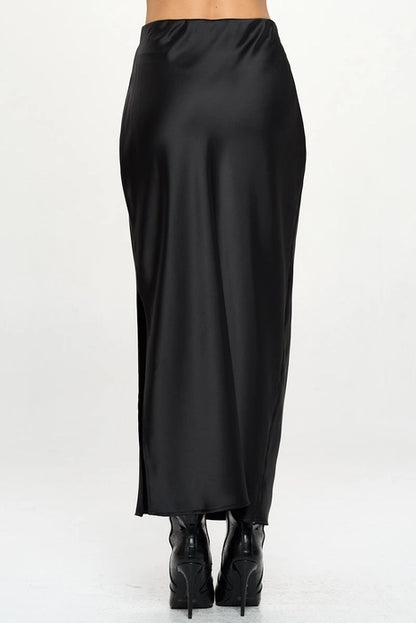 Silky Satin Maxi Skirt With Slit - Black