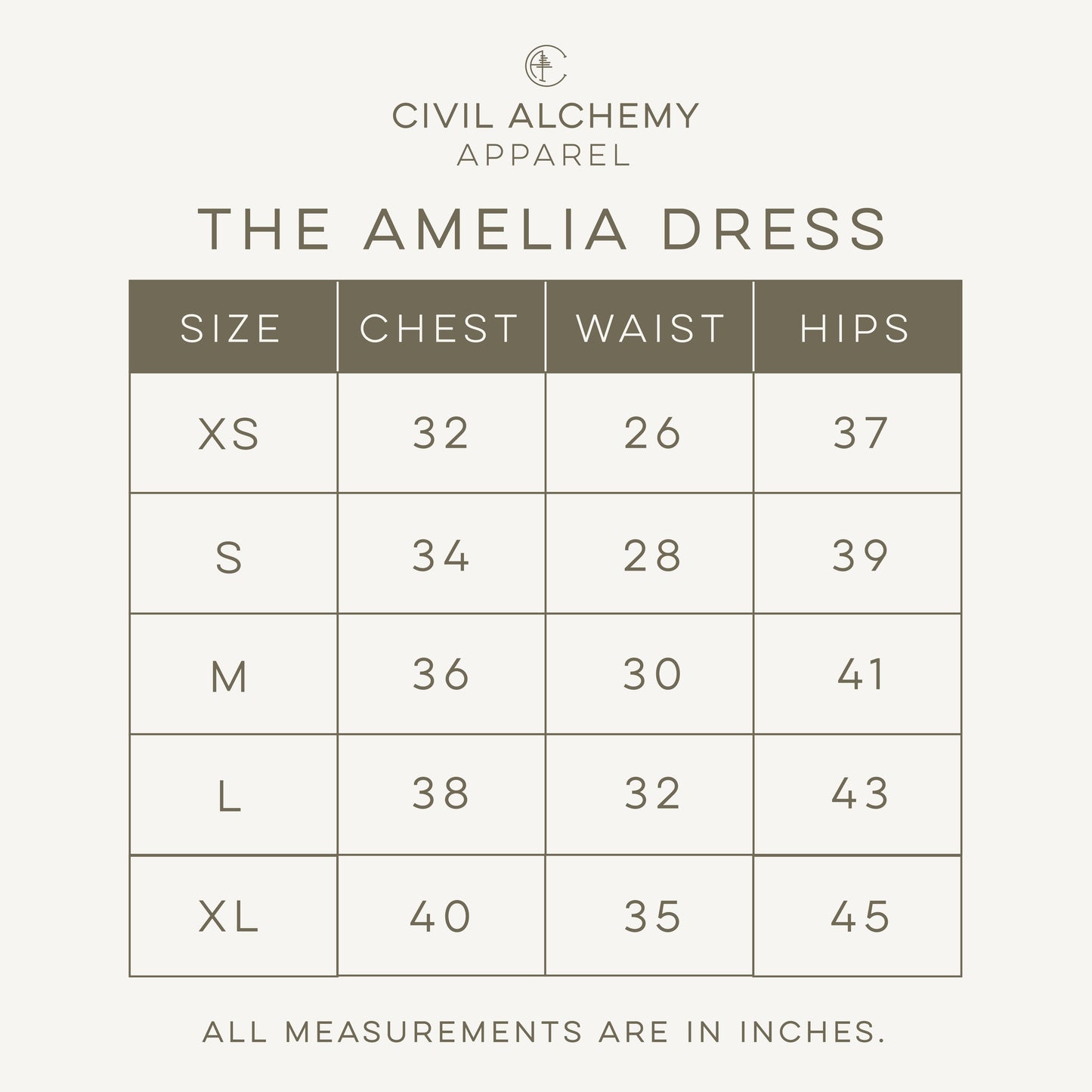 Size chart for 'The Amelia Dress' by Civil Alchemy Apparel on a white background.