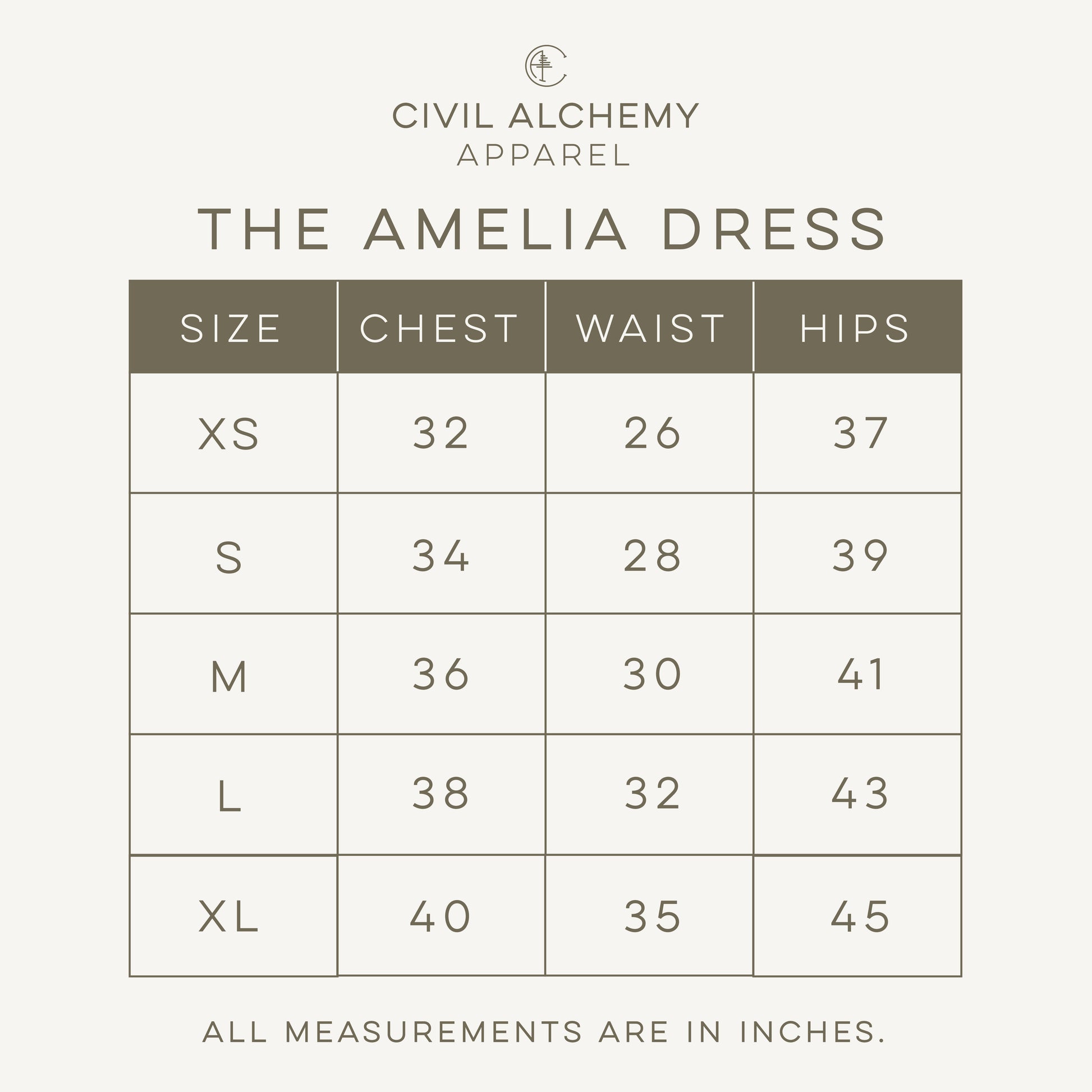 Size chart for 'The Amelia Dress' by Civil Alchemy Apparel on a white background.