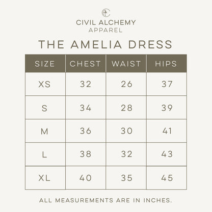 Size chart for 'The Amelia Dress' by Civil Alchemy Apparel on a white background.