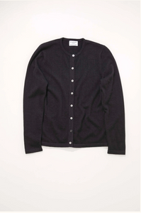 Black cardigan with white buttons on a white background