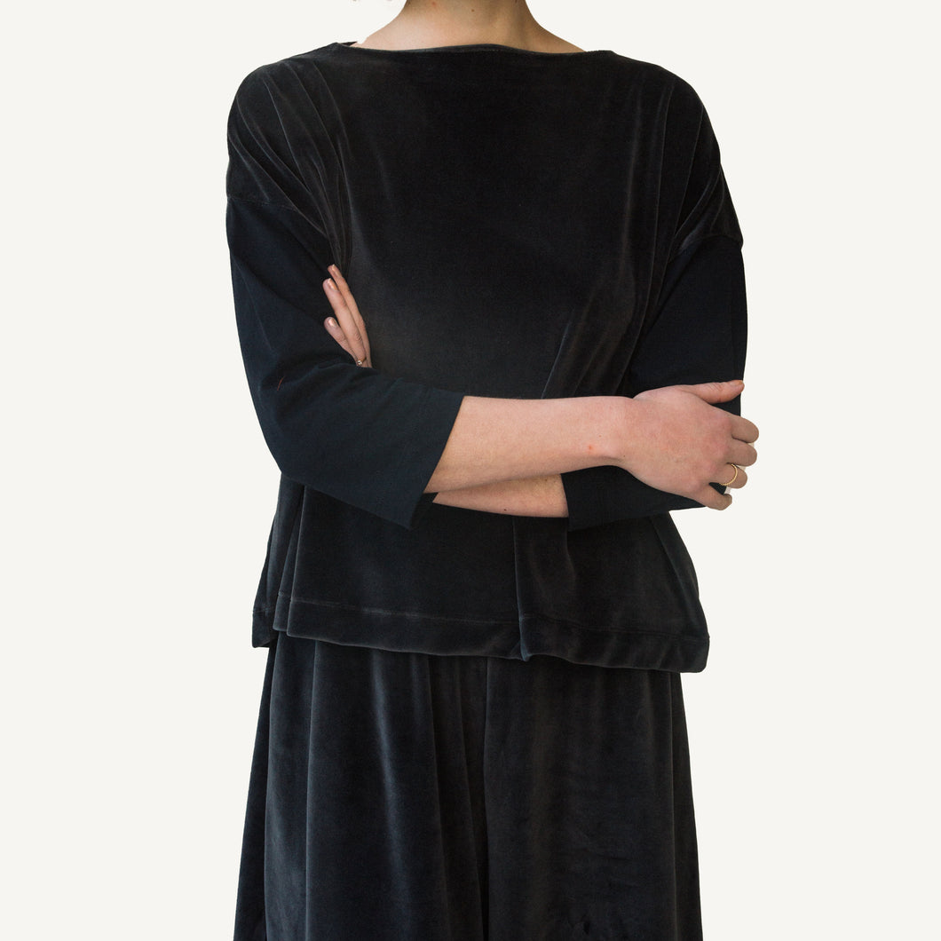 Divya Charcoal Org Cotton Velour & Jersey Top