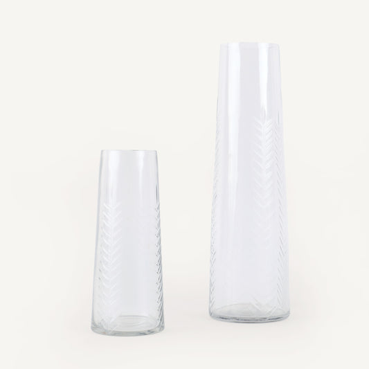 Two clear glass vases on a white background