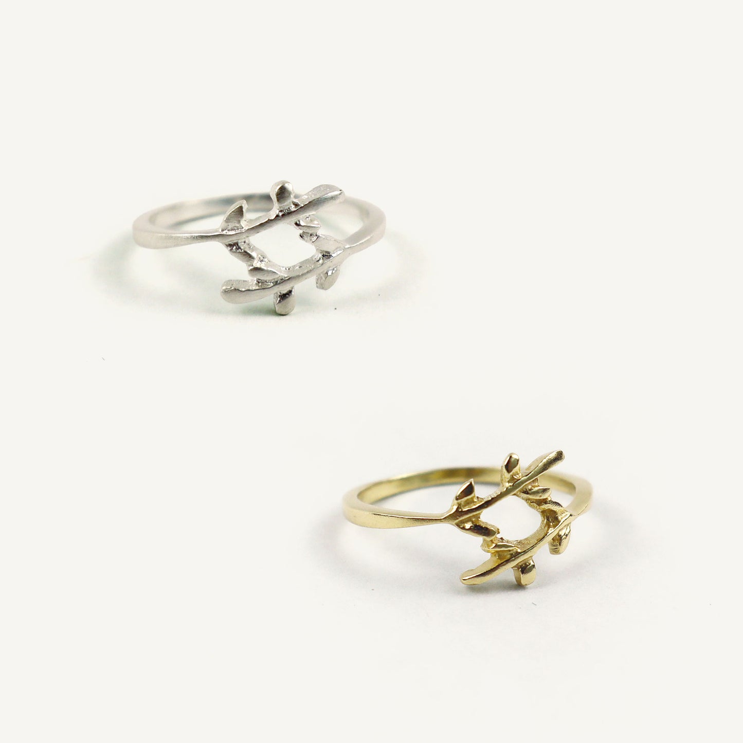 Two rings, one silver and one gold, on a white background