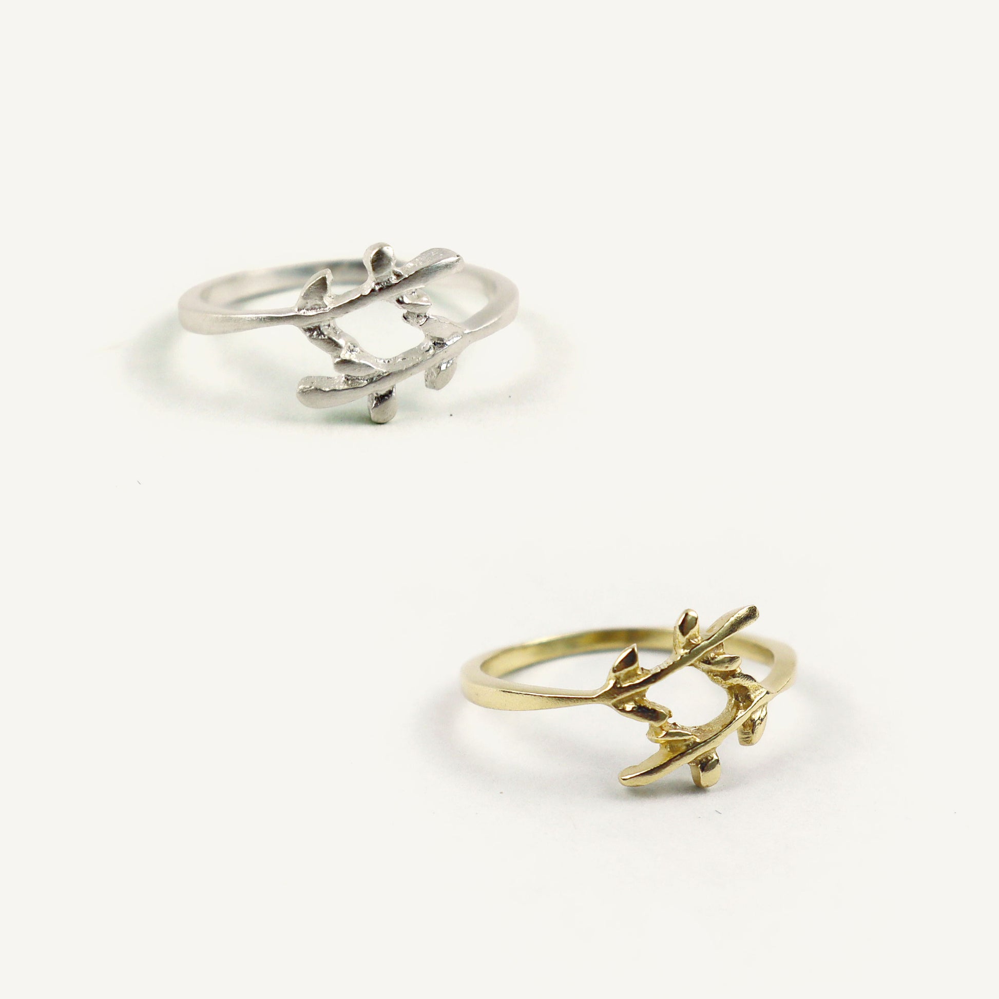 Two rings, one silver and one gold, on a white background