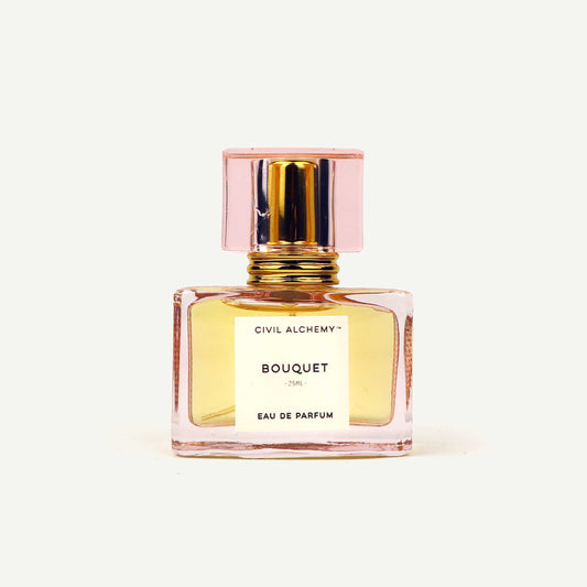 Perfume bottle labeled 'Bouquet' by Civil Alchemy on a white background