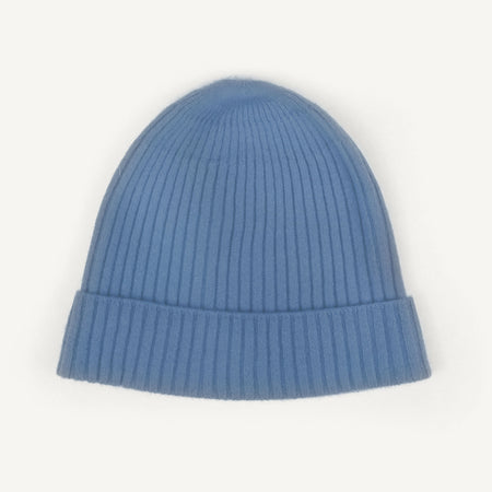 A light blue ribbed knit beanie hat with a folded cuff, shown against a plain white background.