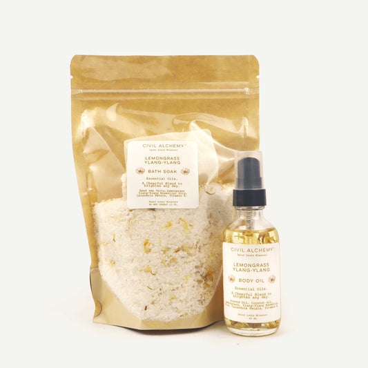 Bath soap and body oil from Civil Alchemy on a white background