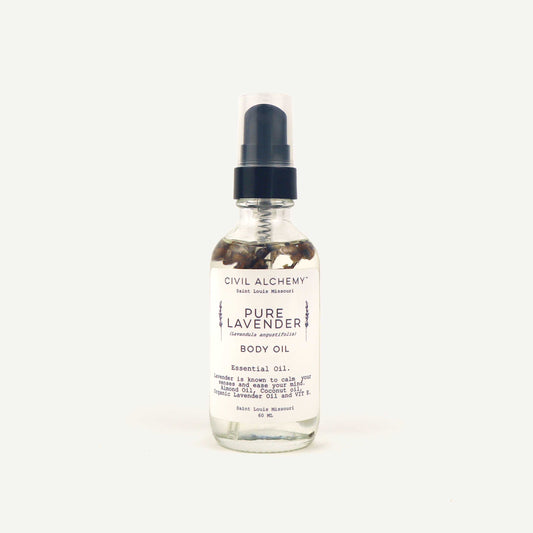 Bottle of Civil Alchemy Pure Lavender Body Oil on a white background