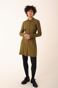 Person wearing a green dress with a collar on a white background