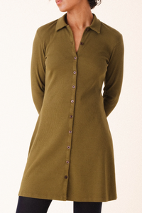 Green button-up shirt worn by a person on a white background