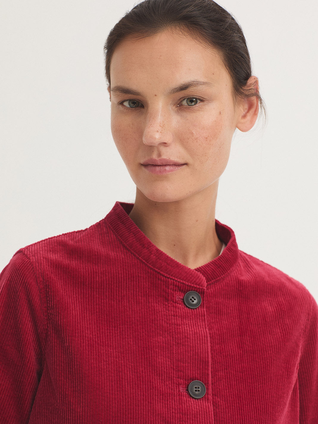 Mandarin Collar Corduroy Jacket - Intense Red