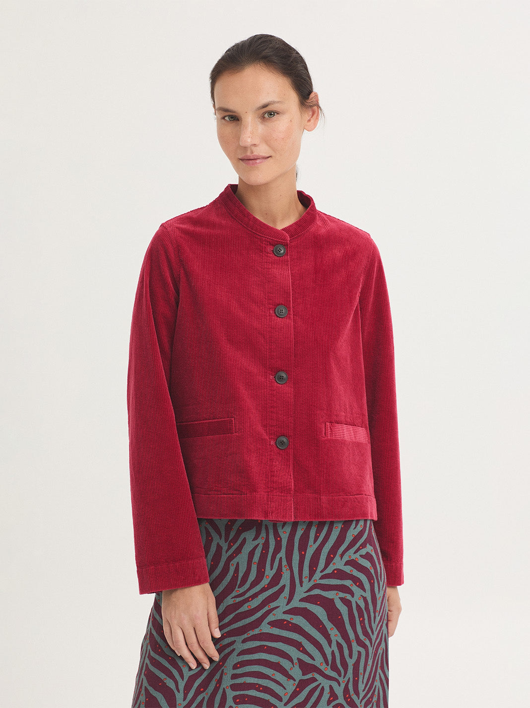 Mandarin Collar Corduroy Jacket - Intense Red