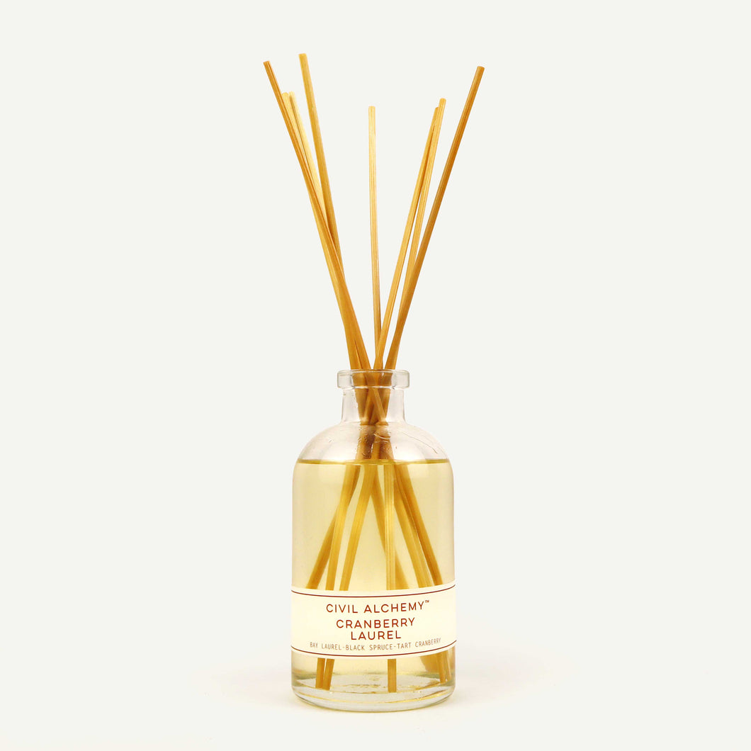Reed diffuser with wooden sticks in a clear bottle on a white background
