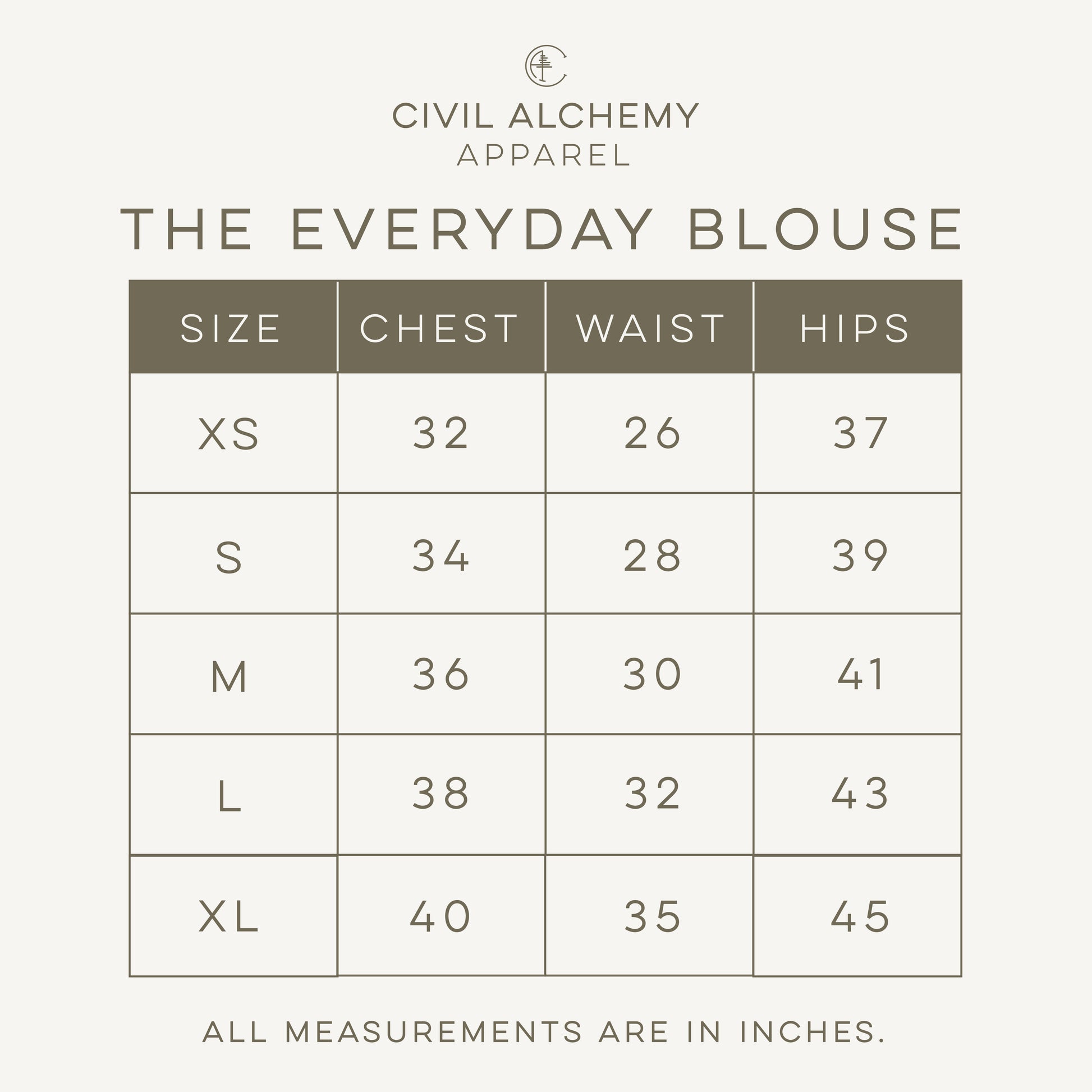 Size chart for 'The Everyday Blouse' by Civil Alchemy Apparel on a white background.