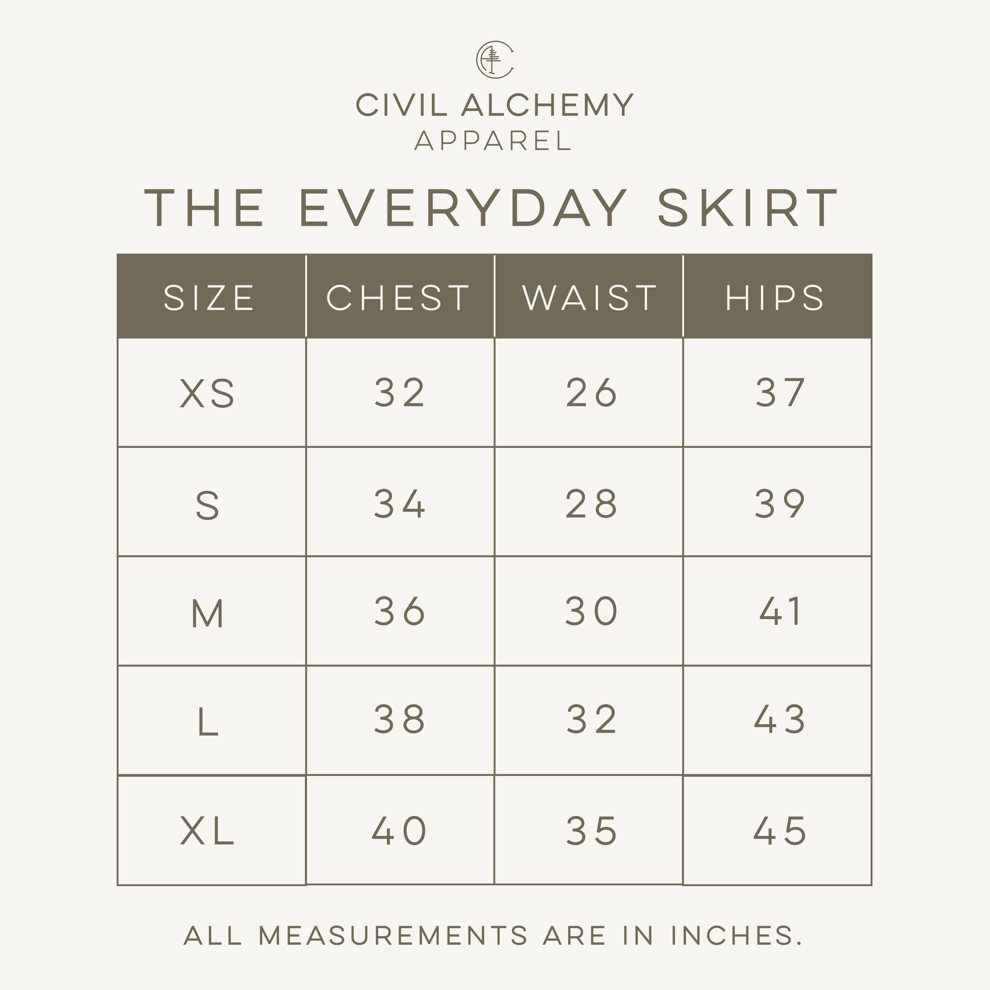 Size chart for 'The Everyday Skirt' by Civil Alchemy Apparel on a white background.