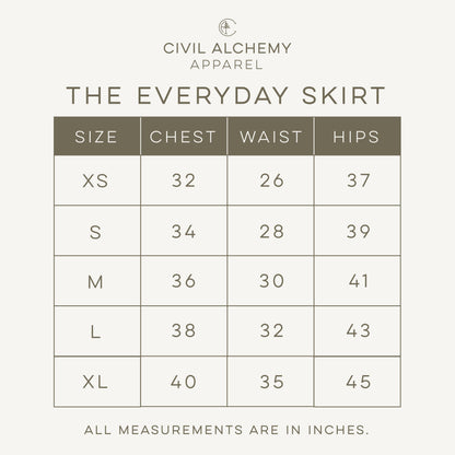 Size chart for 'The Everyday Skirt' by Civil Alchemy Apparel on a white background.