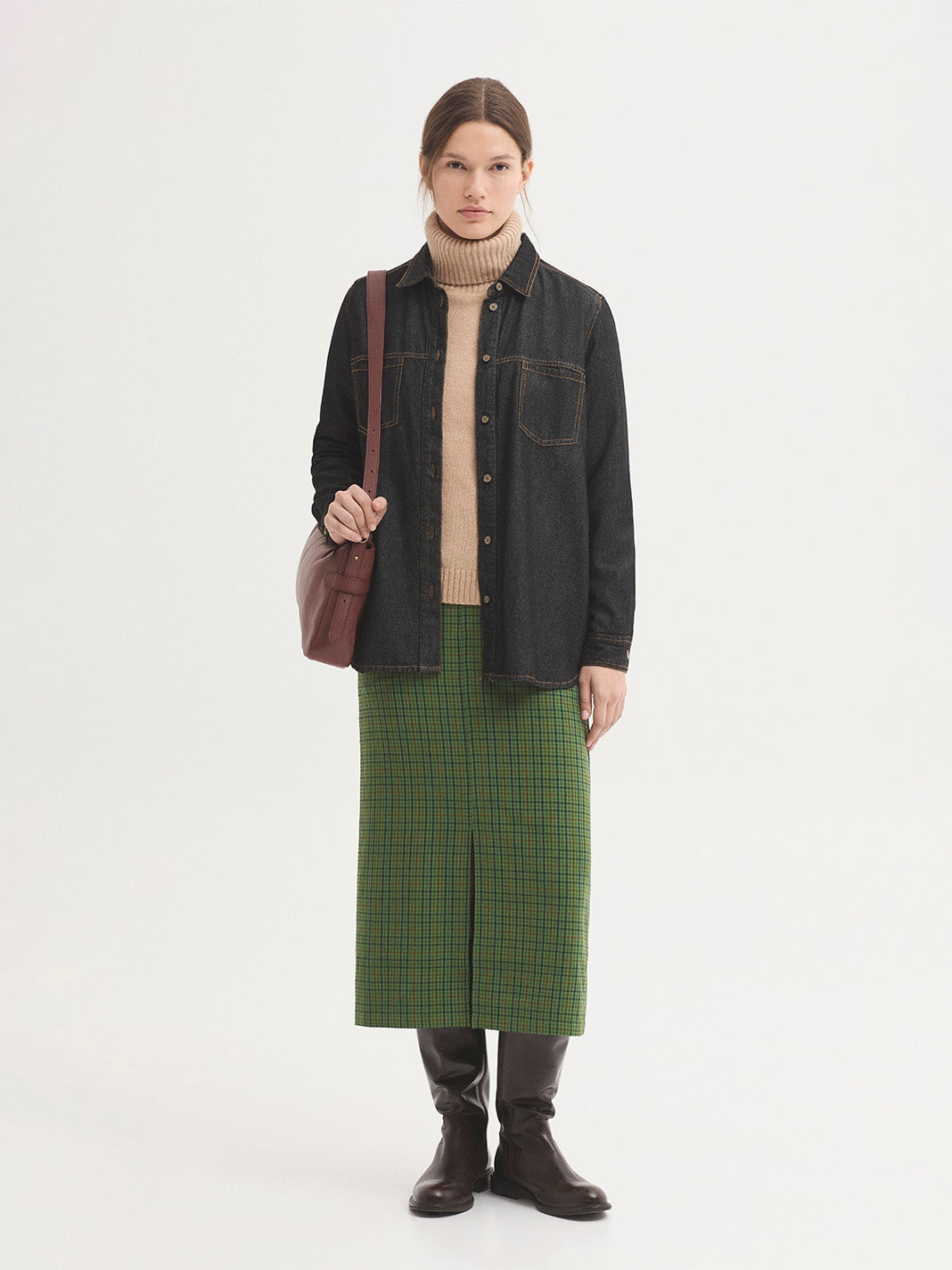 Wrinkled Effect Check Skirt - Khaki