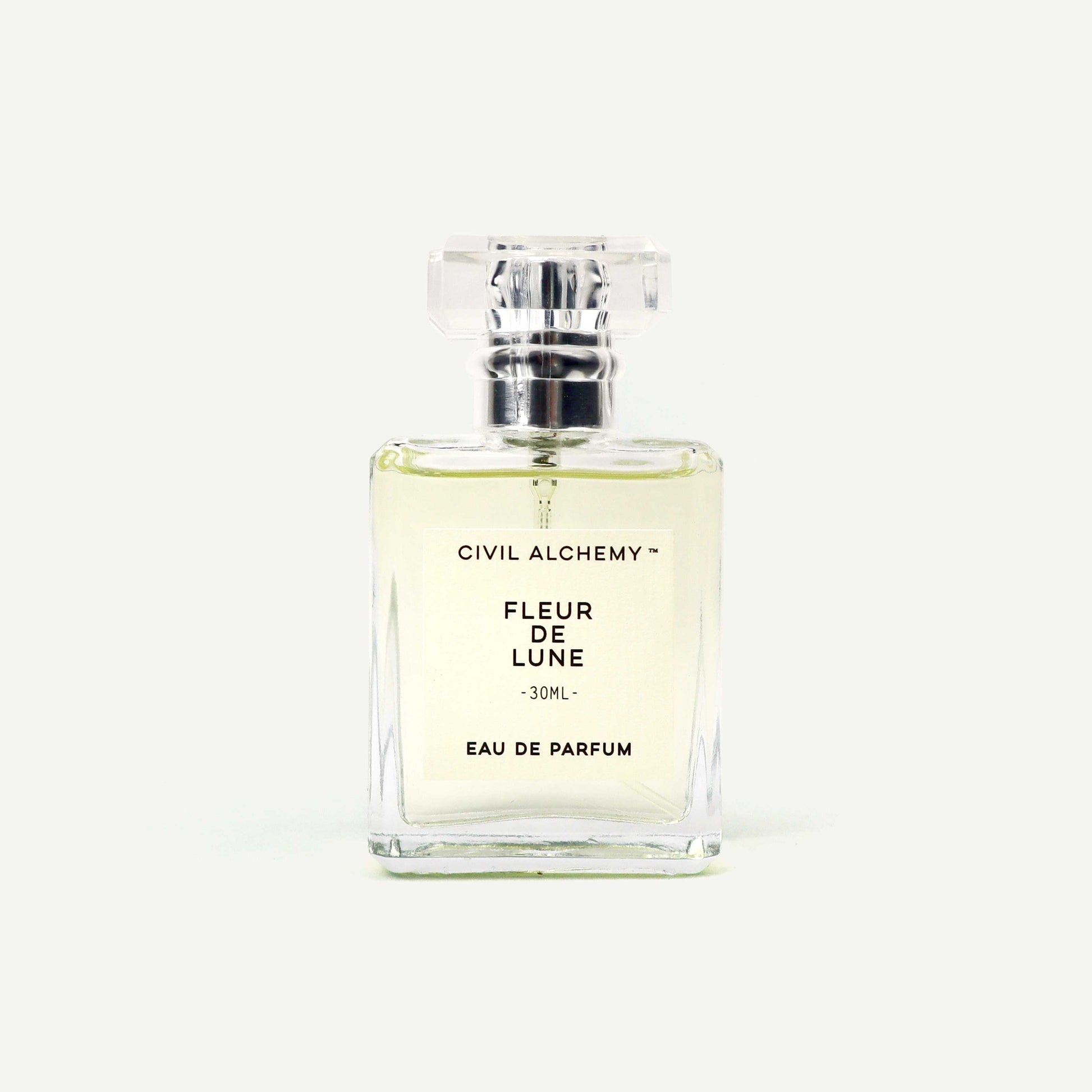 Perfume bottle labeled 'Fleur de Lune' by Civil Alchemy on a white background