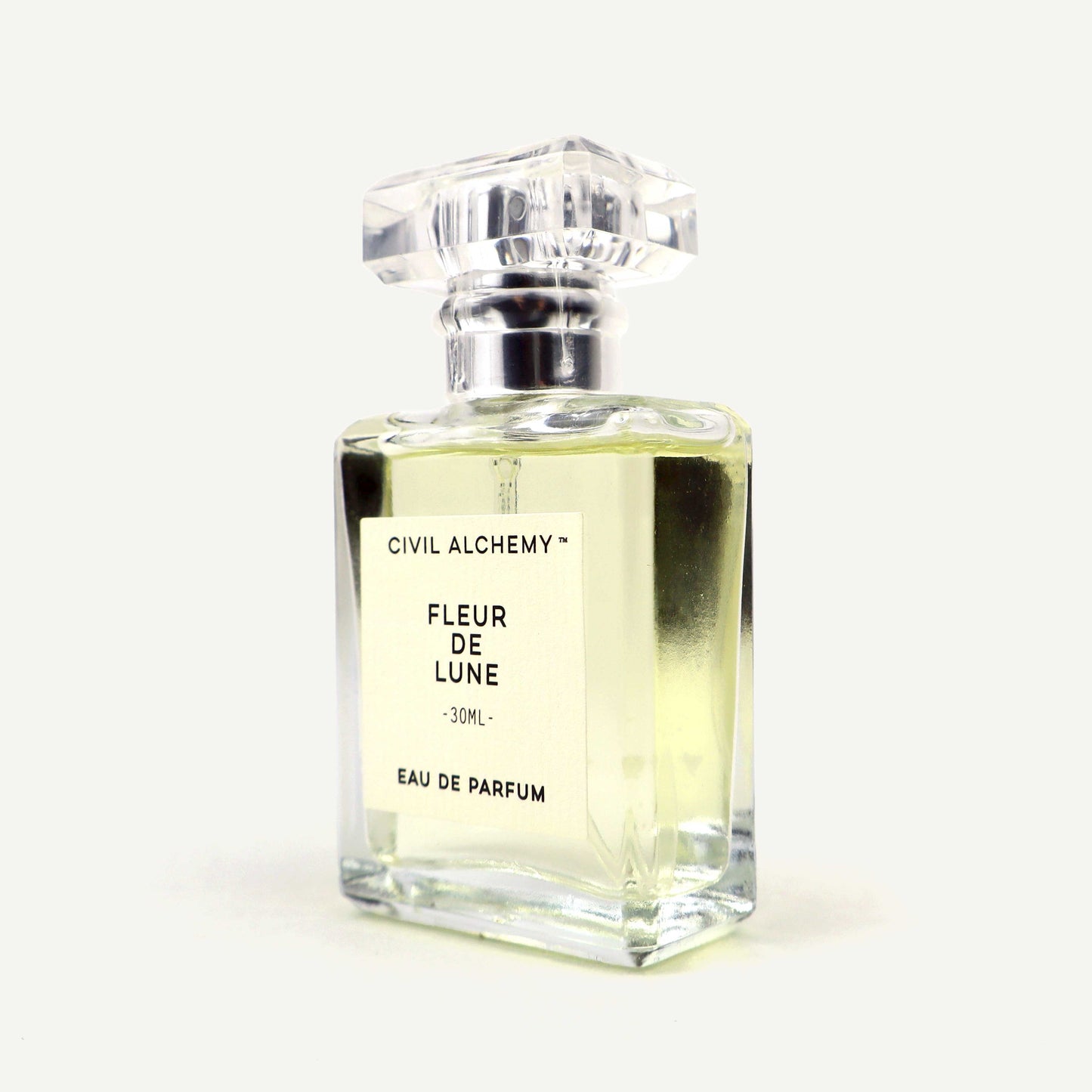 Perfume bottle labeled 'Fleur de Lune' by Civil Alchemy on a white background