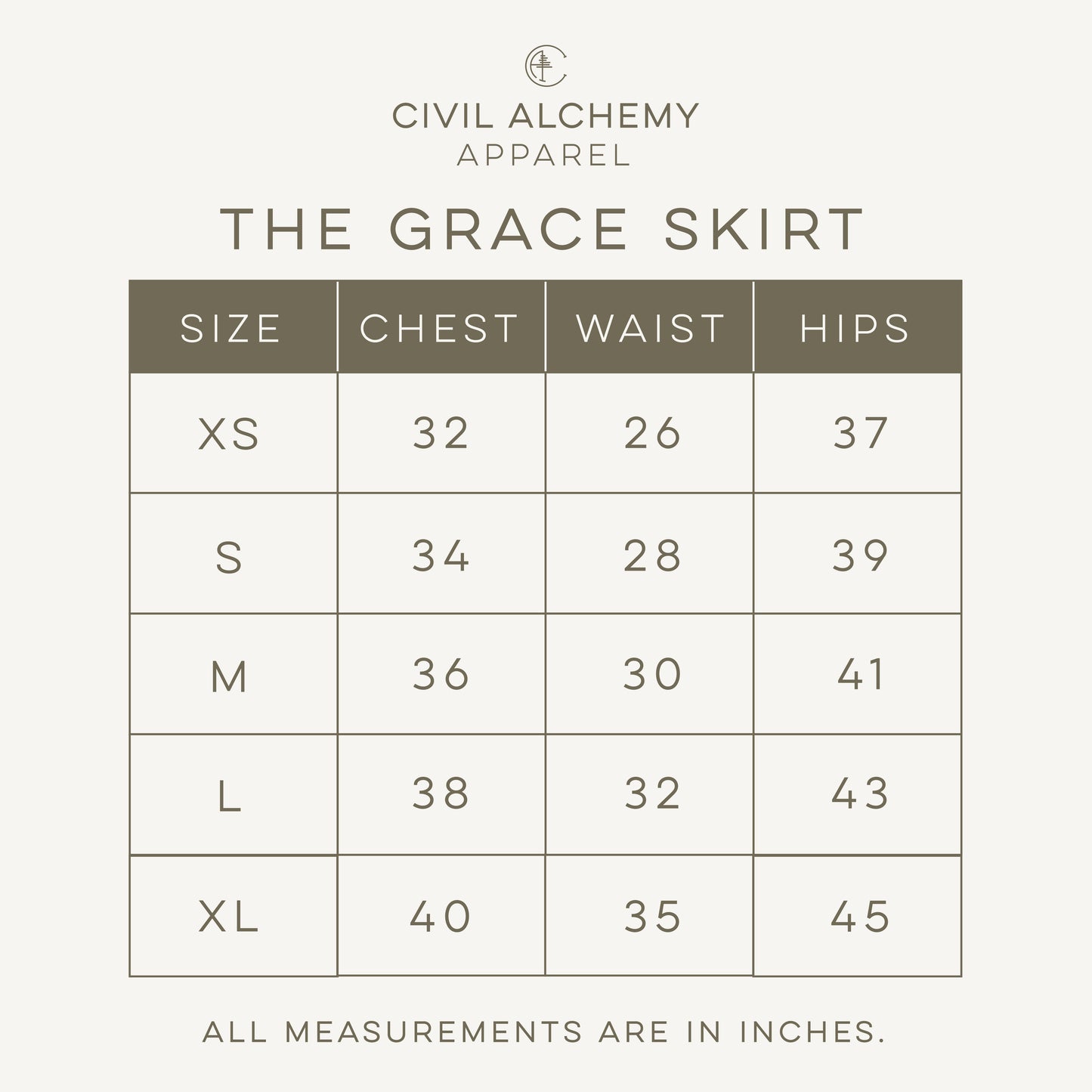 Size chart for 'The Grace Skirt' by Civil Alchemy Apparel with measurements in inches.