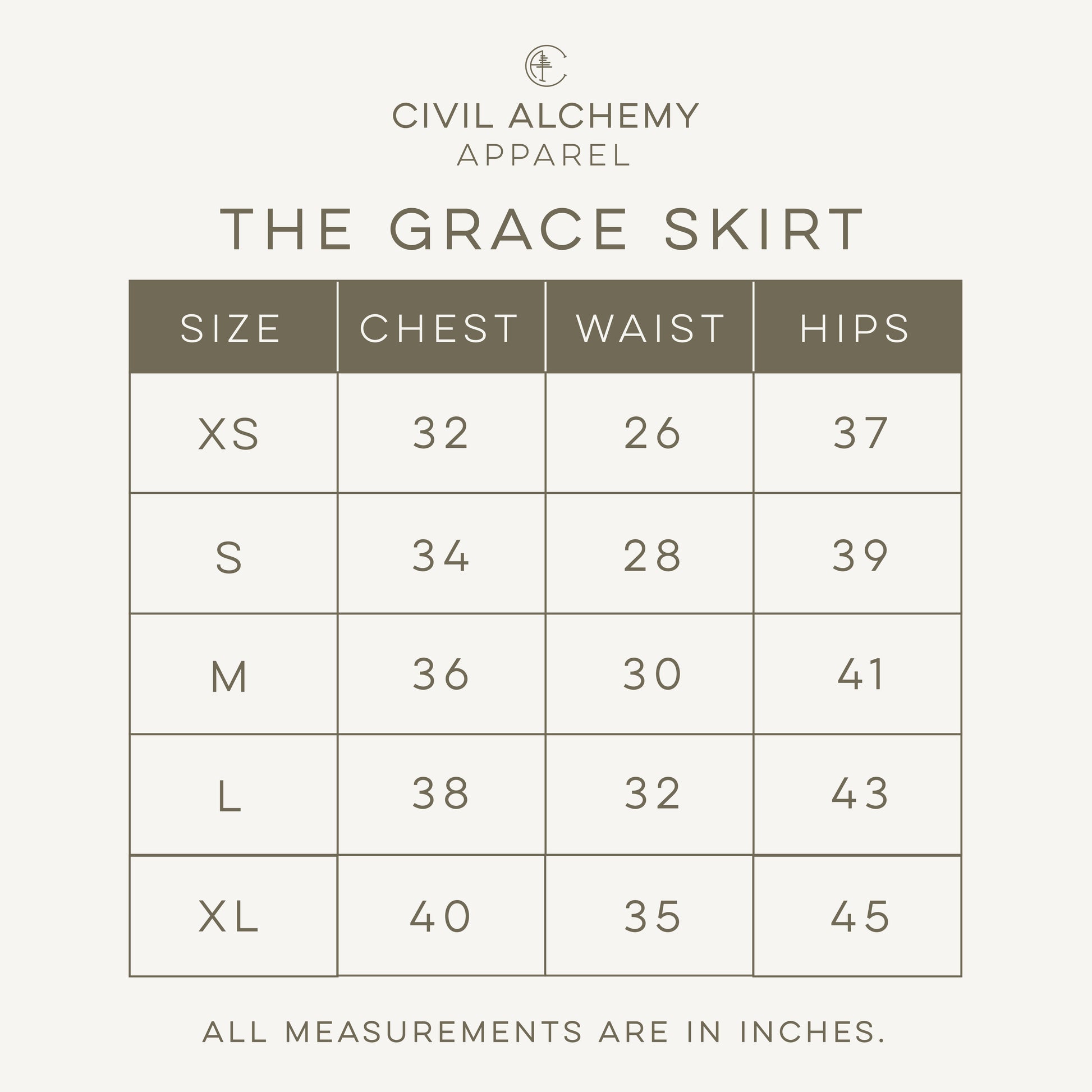 Size chart for 'The Grace Skirt' by Civil Alchemy Apparel with measurements in inches.