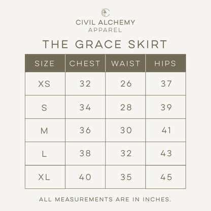 Size chart for 'The Grace Skirt' by Civil Alchemy Apparel with measurements in inches.