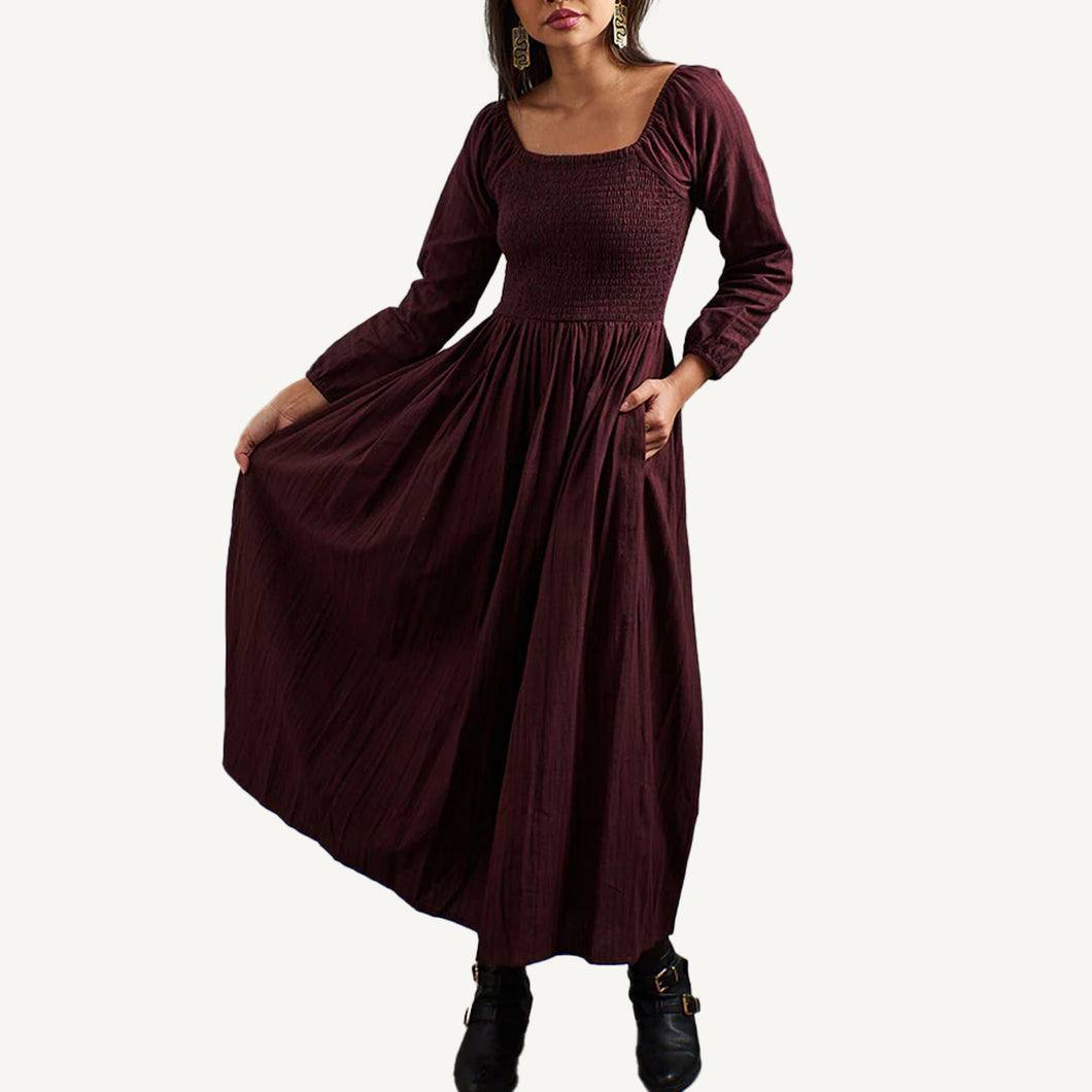 Hailee Maroon Smocked Midi Dress