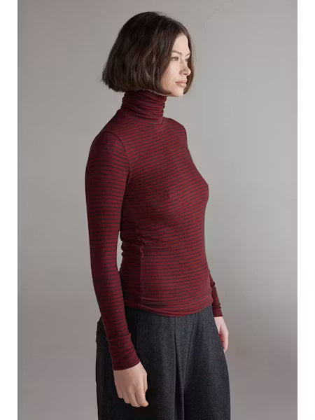 Wool Blend Lightweight Stripe Turtleneck - Red/Grey