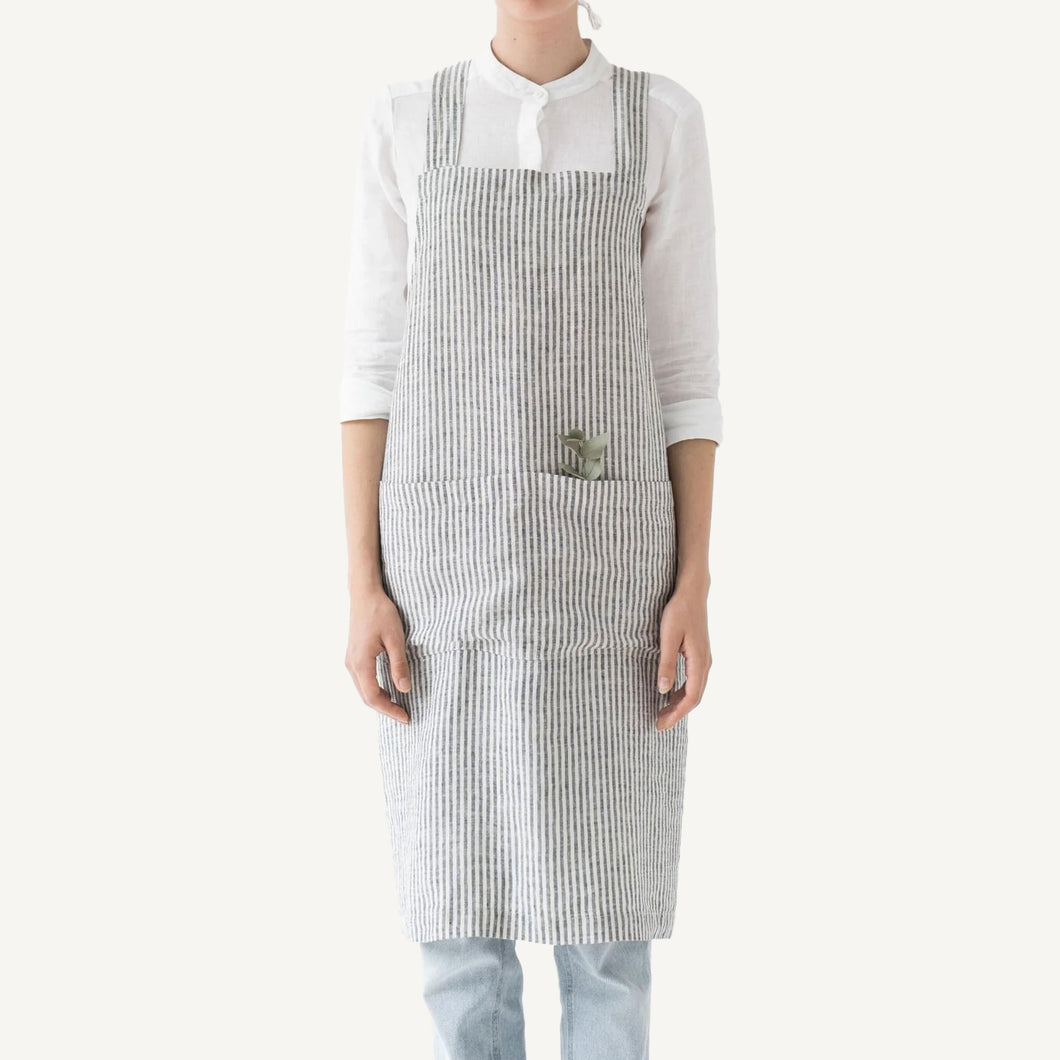 Linen Crossback Apron - Thin Black Stripes