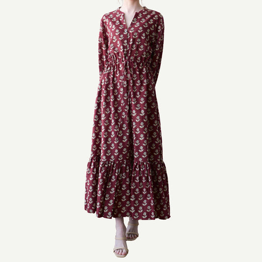 Maroon floral dress on a white background