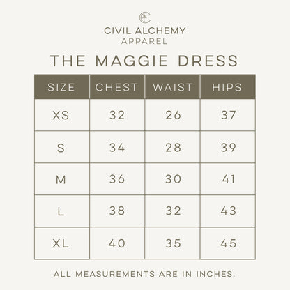 Size chart for 'The Maggie Dress' by Civil Alchemy Apparel on a white background.