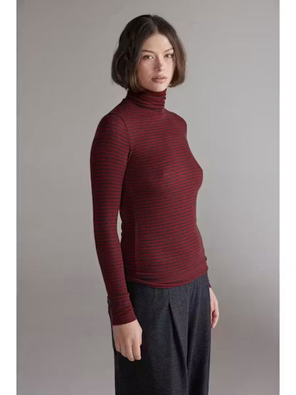 Wool Blend Lightweight Stripe Turtleneck - Red/Grey