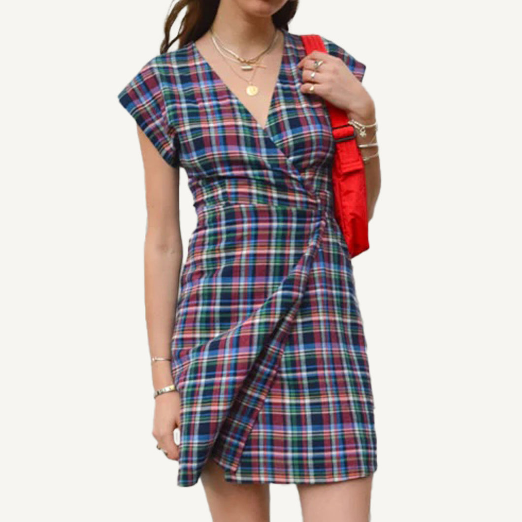 Navy - Multicolor Check Wrap Dress