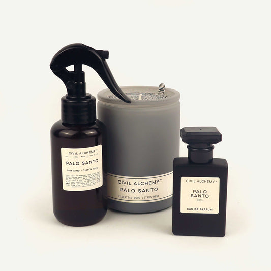 Three Palo Santo products from Civil Alchemy on a white background