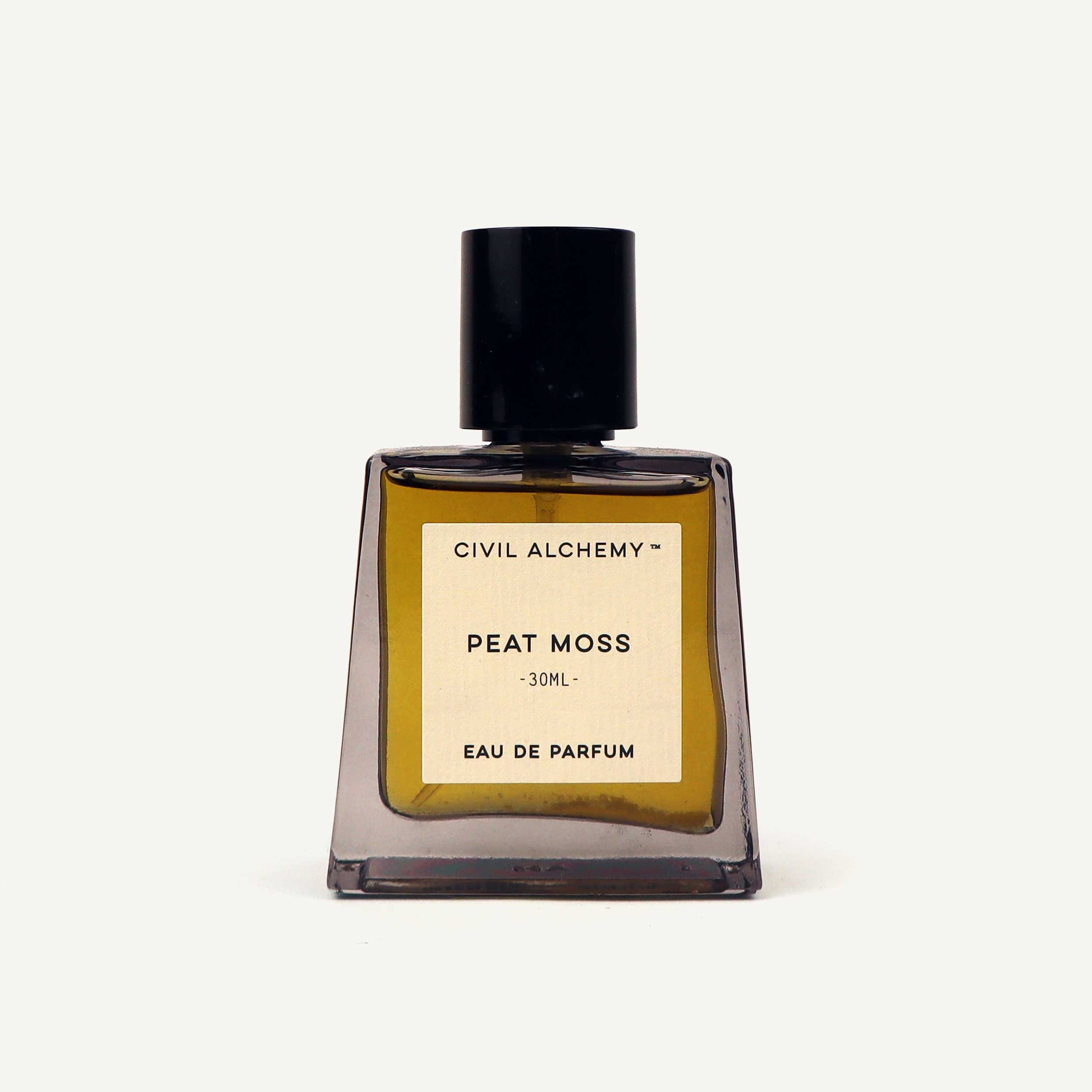 Eau de Parfum bottle labeled 'Peat Moss' by Civil Alchemy on a white background