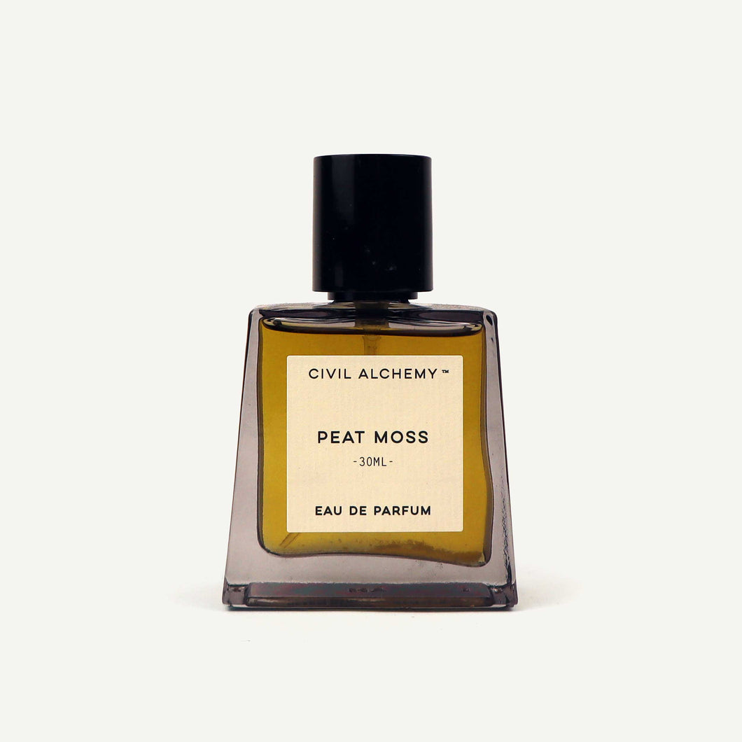 Eau de Parfum bottle labeled 'Peat Moss' by Civil Alchemy on a white background