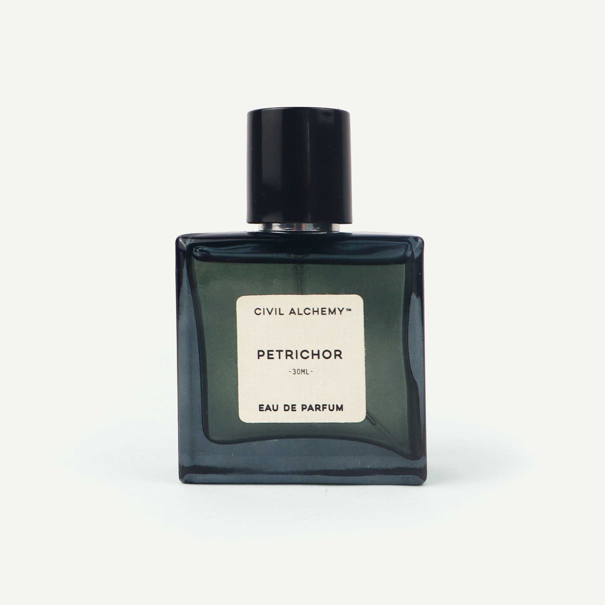 Perfume bottle labeled 'Petrichor' by Civil Alchemy on a white background