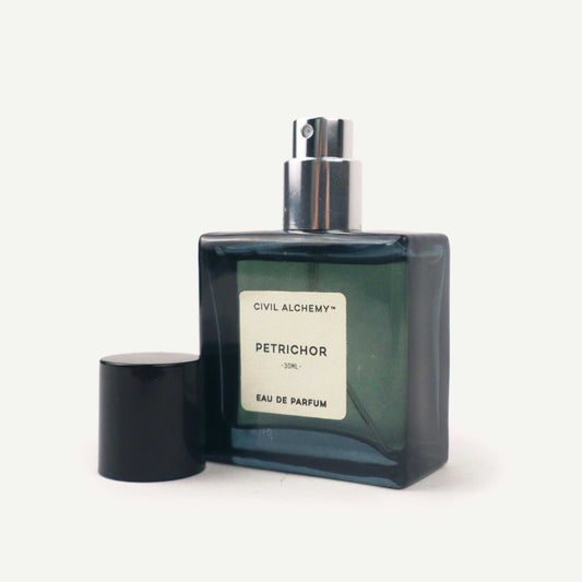 Perfume bottle labeled 'Petrichor' by Civil Alchemy on a white background
