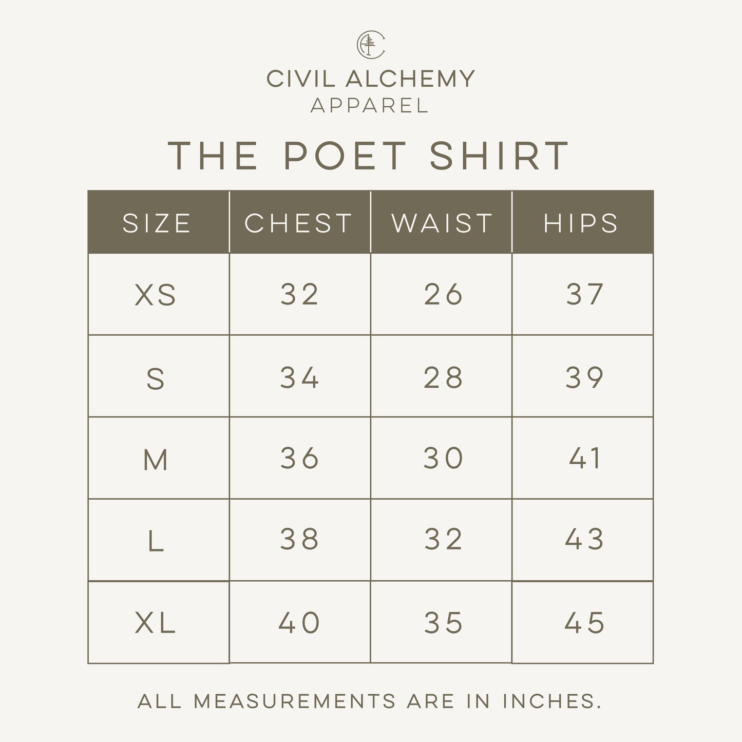Size chart for 'The Poet Shirt' by Civil Alchemy Apparel with measurements in inches.