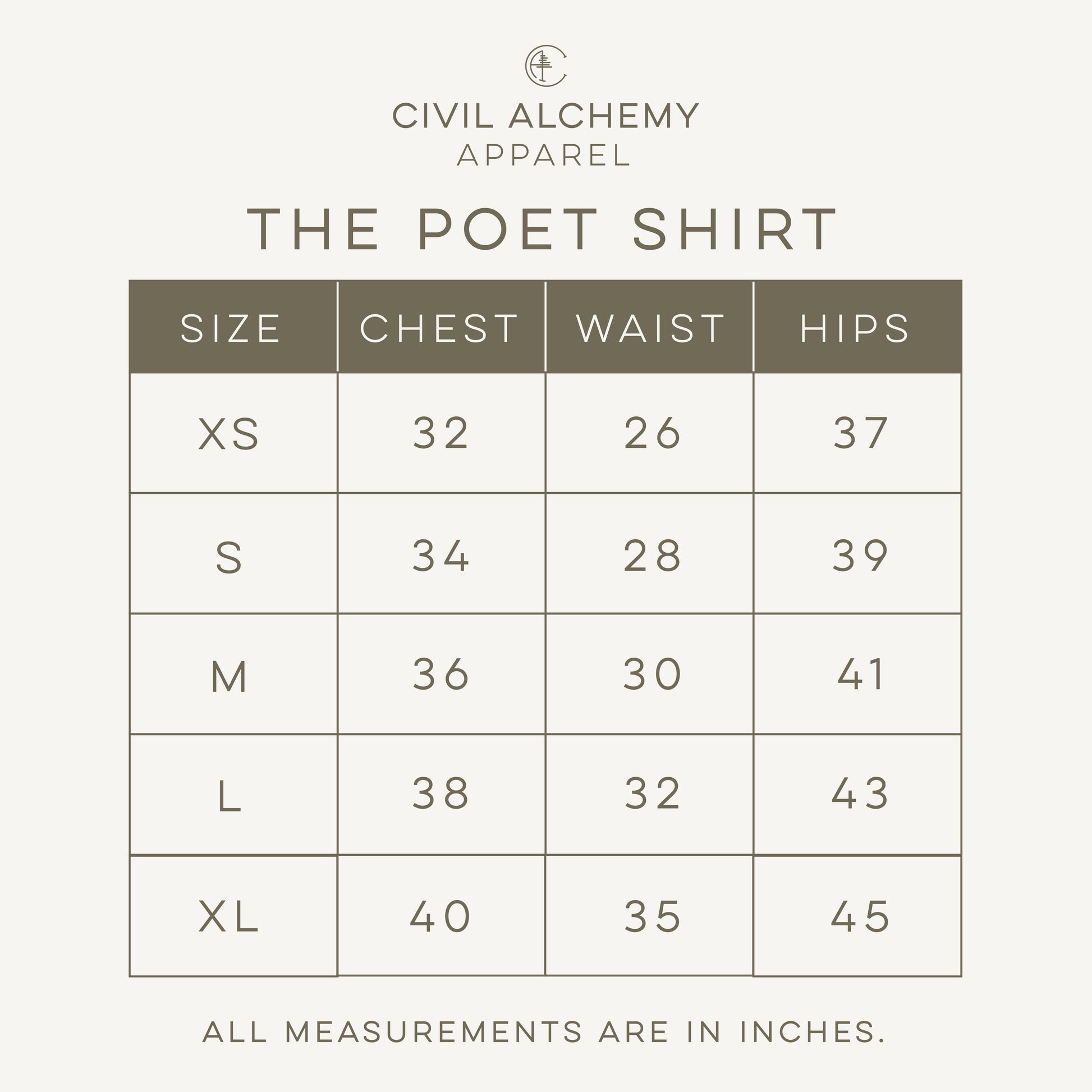 Size chart for 'The Poet Shirt' by Civil Alchemy Apparel with measurements in inches.