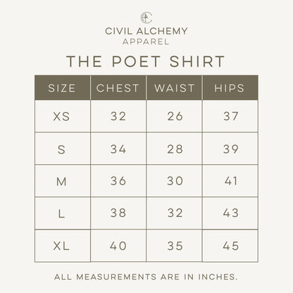 Size chart for 'The Poet Shirt' by Civil Alchemy Apparel with measurements in inches.