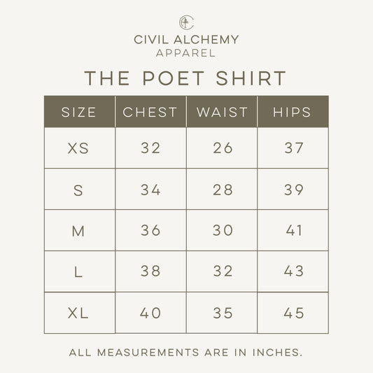 Size chart for 'The Poet Shirt' by Civil Alchemy Apparel with measurements in inches.