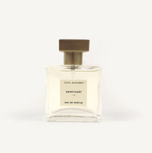 Perfume bottle labeled 'Sanctuary' by Civil Alchemy on a white background