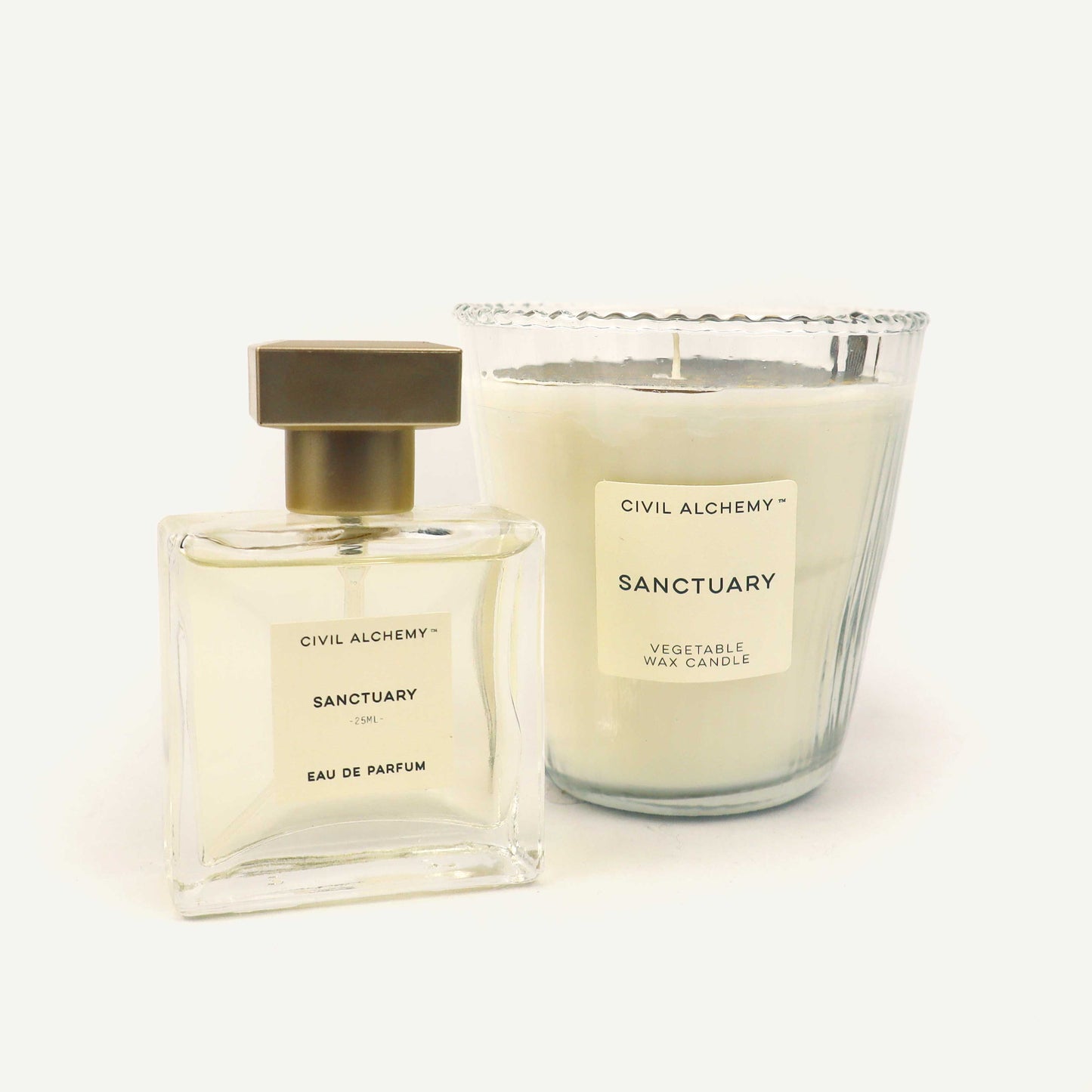 Civil Alchemy Sanctuary eau de parfum and candle on a white background