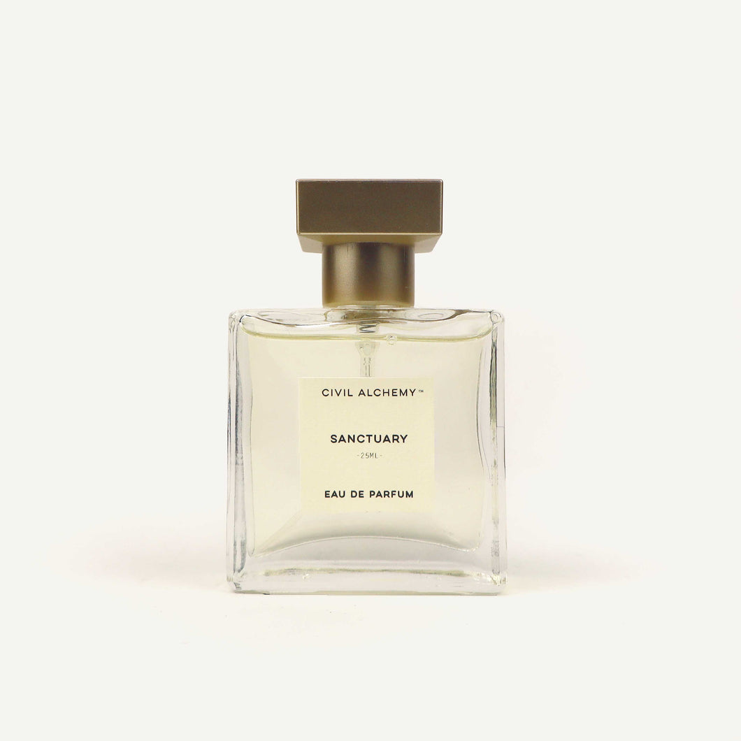Perfume bottle labeled 'Sanctuary' by 'Civil Alchemy' on a white background