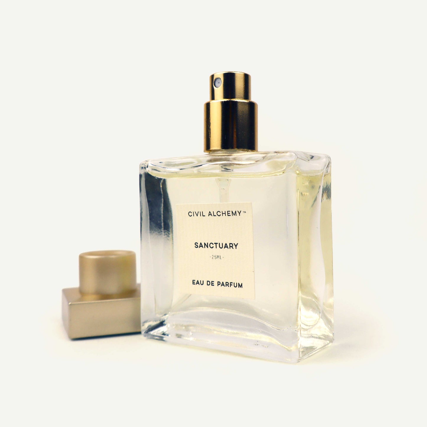 Perfume bottle labeled 'Sanctuary' by Civil Alchemy on a white background