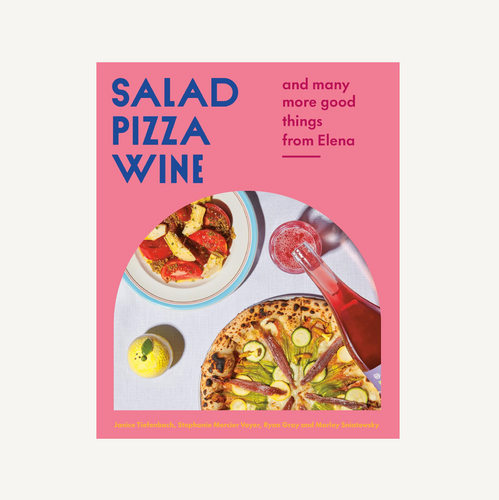 Book cover with images of pizza, salad, and wine on a pink background
