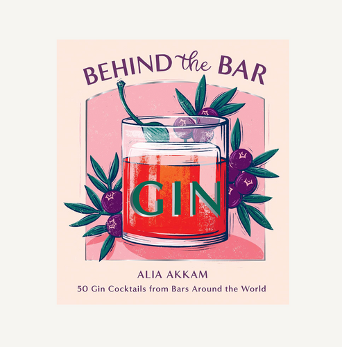 Book cover of 'Behind the Bar' with a glass of gin and berries on a pink background