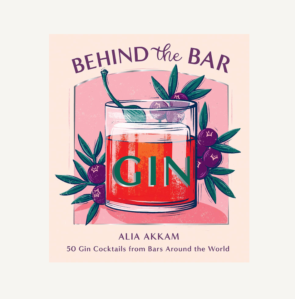 Book cover of 'Behind the Bar' with a glass of gin and berries on a pink background